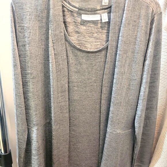 Susan Graver Foil Print Cardigan and Tank Set Silver Medium - Picture 2 of 2